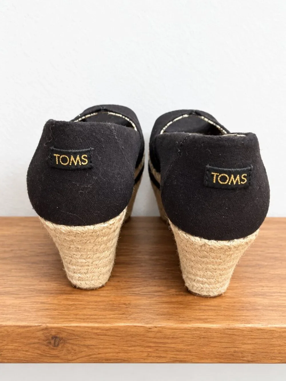 TOMS Michelle Black Canvas Peep-Toe Espadrille Wedges Size 7.5